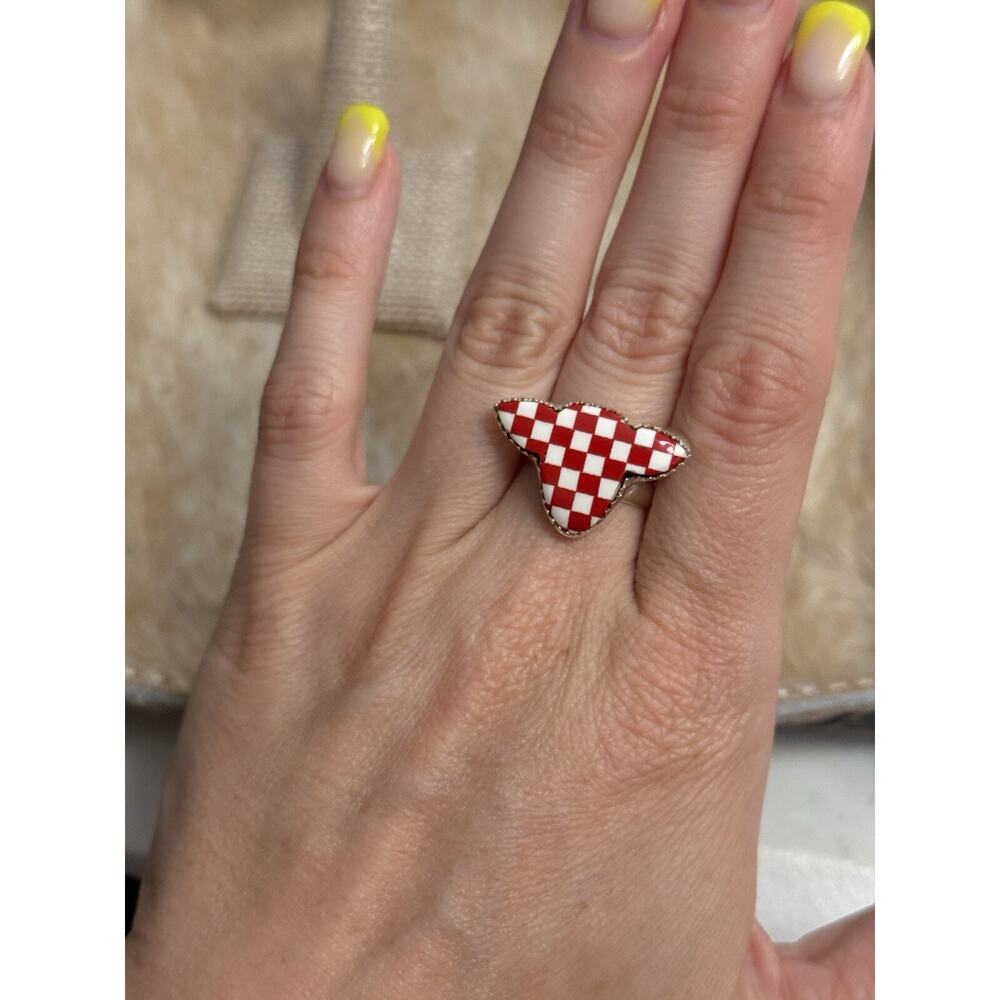 Native American SW Sterling Silver Red Checkerboard Cow Steer Bull Head Ring